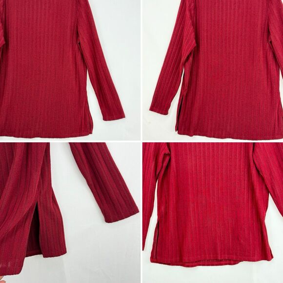 Women’s Red Ribbed Long Sleeve Tunic Top Size L Stretch Knit w/ Side Slits - Picture 9 of 16